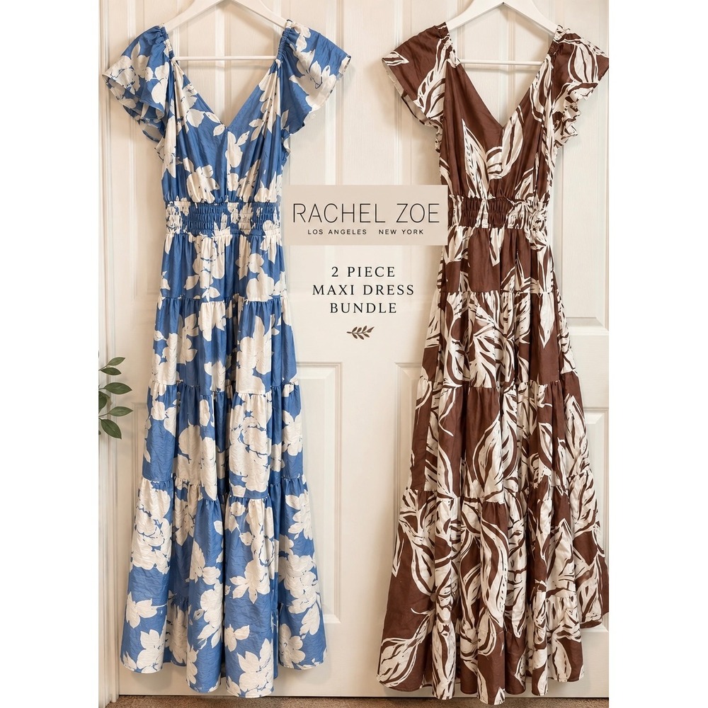 Rachel Zoe Maxi Dress Bundle XS/S Blue & Brown Floral Tiered Smocked Waist